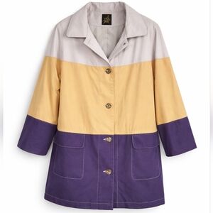 Vintage Luba Paris Colorblock Trench Coat Beige Tan Purple Mid-Length Mod Artsy